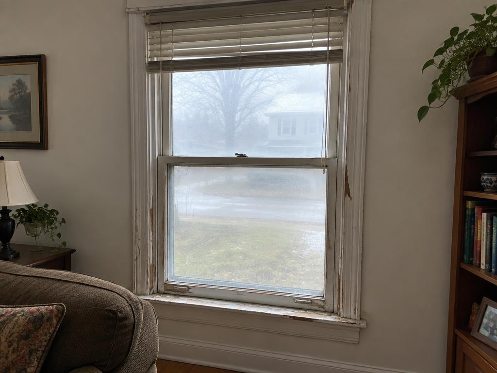 Before: Drafty window with peeling paint and fogged glass